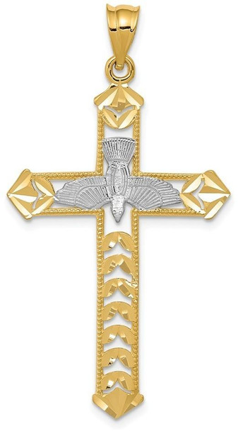 14k Yellow Gold and Rhodium Polished Diamond-Cut Dove Cross Pendant