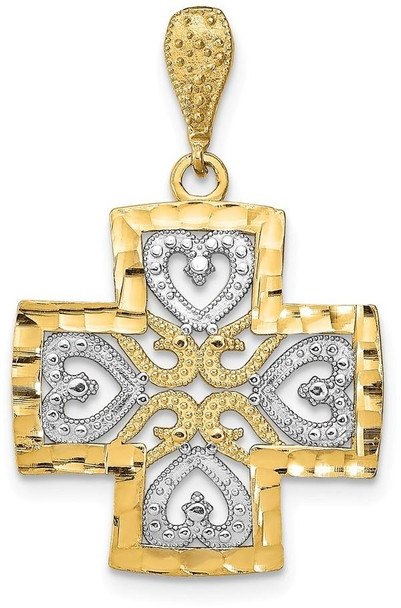 14k Yellow Gold with Rhodium-Plated Diamond-Cut Heart Cross Pendant