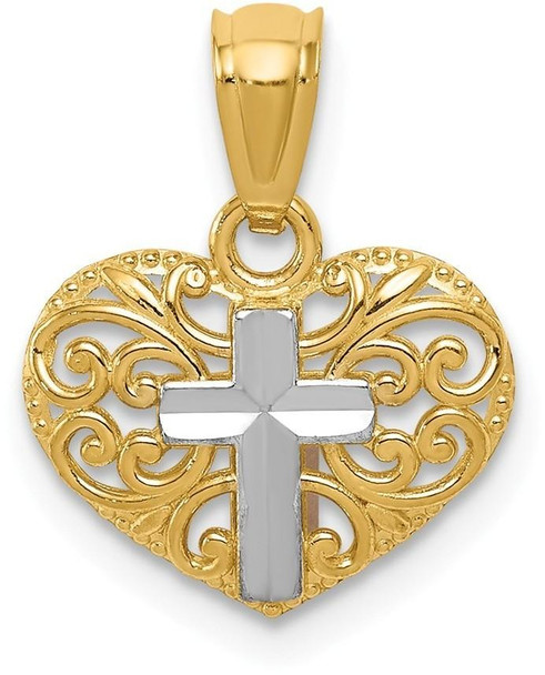 14k Yellow Gold And Rhodium Cross In Heart Pendant