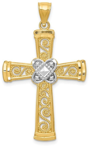 14k Yellow Gold and Rhodium Diamond-Cut Filigree Cross Pendant K6321