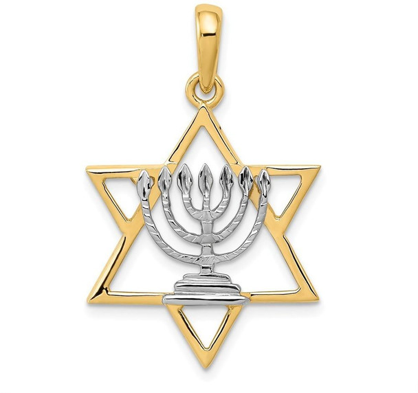 14k Yellow Gold and Rhodium Solid Menorah In Star Of David Pendant