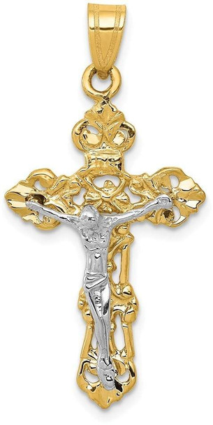 14k Yellow and White Gold Fleur De Lis Crucifix Pendant