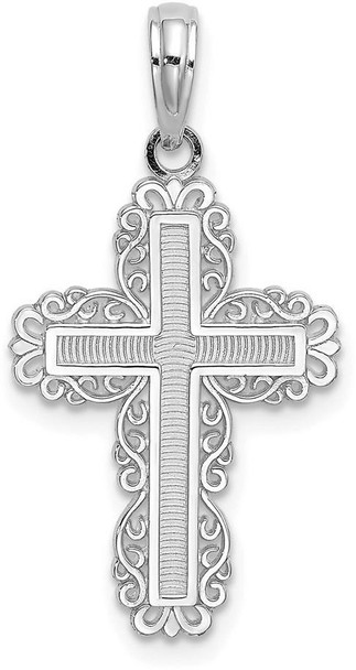 10k White Gold Textured with Lace Trim Cross Pendant
