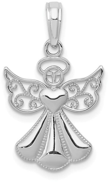 14k White Gold Polished and Textured Guardian Angel with Heart Pendant