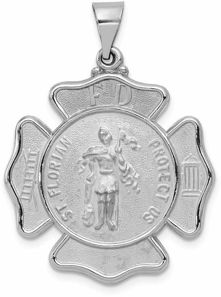 14k White Gold Polished and Satin St. Florian Badge Medal Pendant