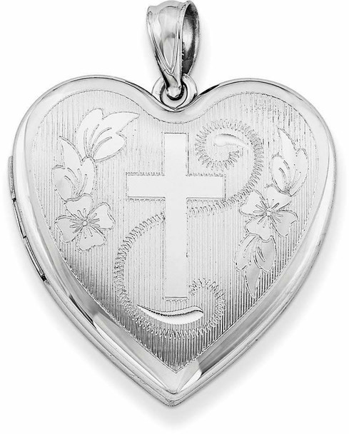 Rhodium-Plated 925 Sterling Silver 24mm Diamond-Cut Cross Heart Locket Pendant