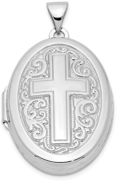 Rhodium-Plated 925 Sterling Silver Oval Cross Locket Pendant