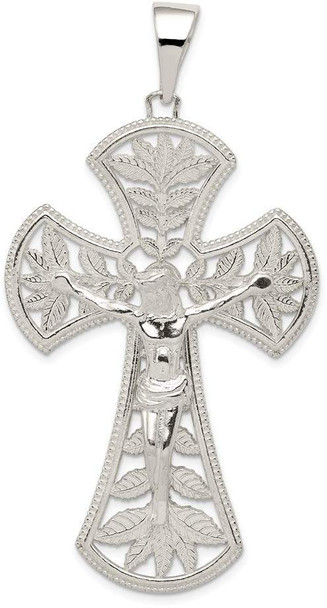 925 Sterling Silver Polished Leaf Large Inri Crucifix Pendant
