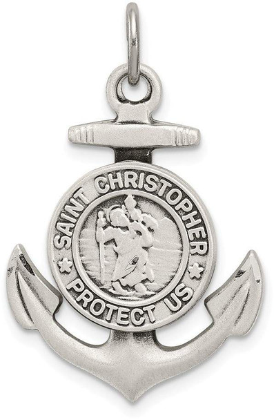 925 Sterling Silver Antiqued Satin St Christopher Anchor Medal Pendant