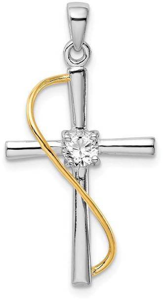 Rhodium-Plated Sterling Silver Gold-Tone with Cubic Zirconia Cross Pendant