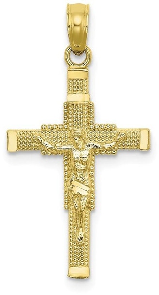 10k Yellow Gold Beaded Accent with Cross Behind Crucifix Pendant