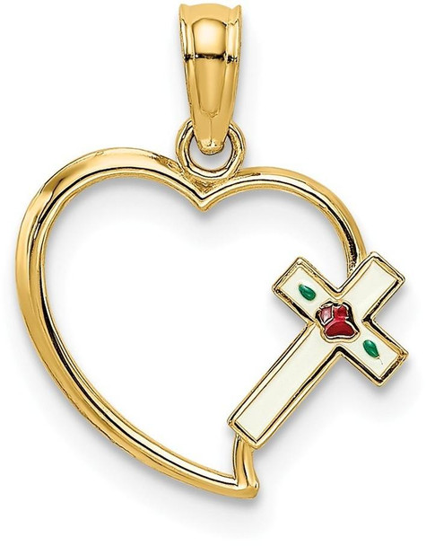 14k Yellow Gold Enamel Cross and Heart Pendant