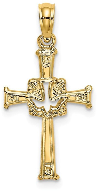 14k Yellow Gold Polished and Engraved Cross and Dove Pendant