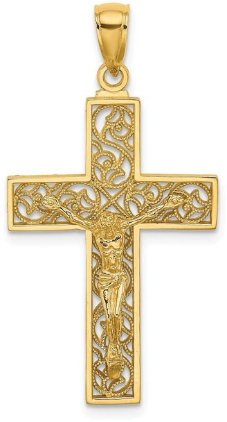 14k Yellow Gold Textured Swirl Design Crucifix Pendant