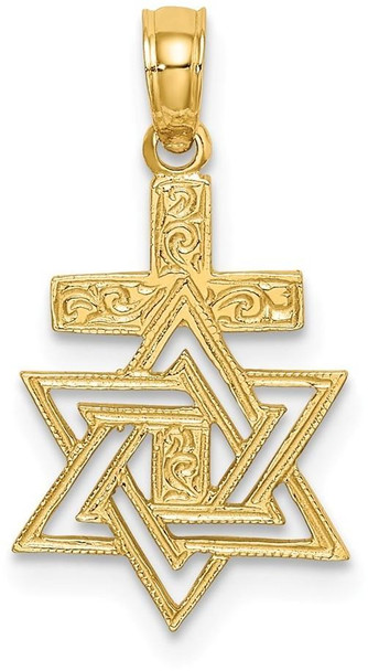 14k Yellow Gold Polished and Engraved Star Of David and Cross Pendant