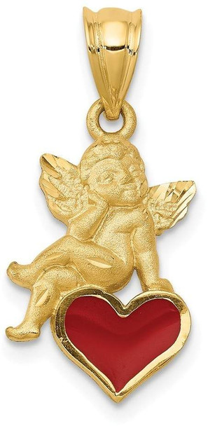 14k Yellow Gold Enameled Angel On Heart Pendant