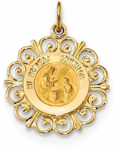 14k Yellow Gold Polished and Satin Spanish 1st Communion Medal Pendant XR1698