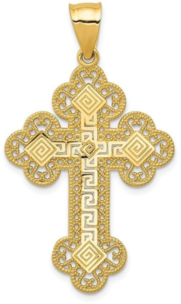 14k Yellow Gold Budded Greek Key Cross Pendant