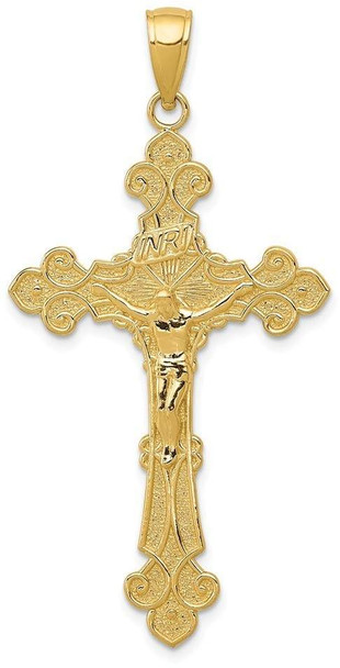 14k Yellow Gold Polished Textured Inri Crucifix Fleur De Lis Pendant