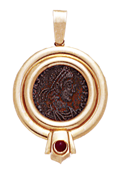 14K Yellow Gold Double Dome Ruby Pendant With Bronze Roman Coin