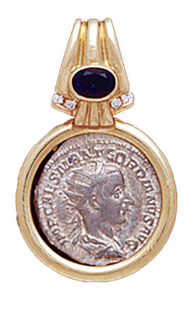 14K  Gold Diamond / Sapphire Drop Slide Pendant With Silver Roman Coin