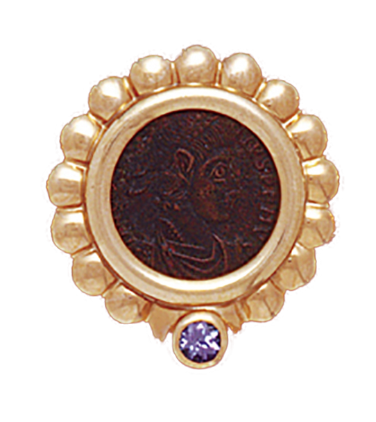 14K  Gold RIBBED TANZANITE BEZEL  Pendant  With Bronze Roman Coin