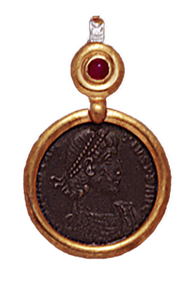 14K  Gold DIAMOND/RUBY  DROP SLIDE  Pendant  With Bronze Roman Coin