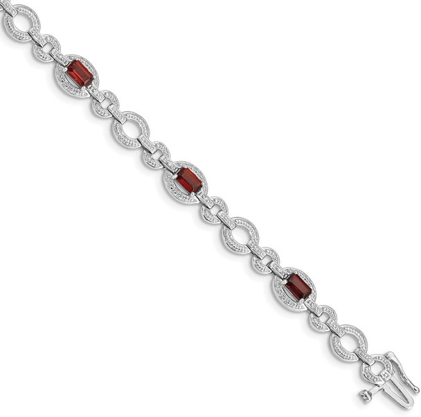 7" Sterling Silver Rhodium-plated Diamond & Garnet Oval Link Bracelet