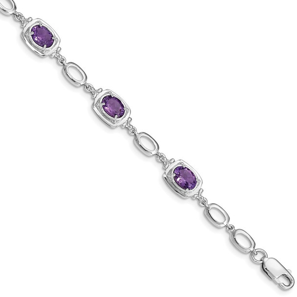 7.5" Sterling Silver Rhodium-plated Amethyst Link Bracelet