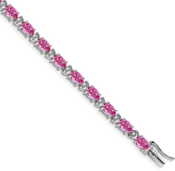7" 14k White Gold Oval Lab-Created Pink Sapphire and Diamond Bracelet