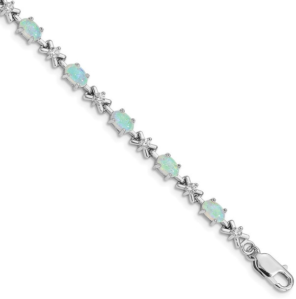 7" Sterling Silver Rhodium Plated CZ & Lab-Created Opal XOXO Bracelet