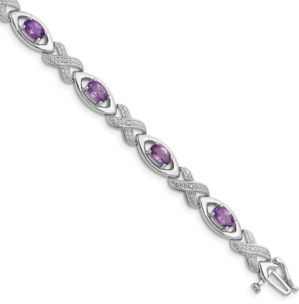 7.5" Sterling Silver Rhodium-plated Diamond & Amethyst Bracelet