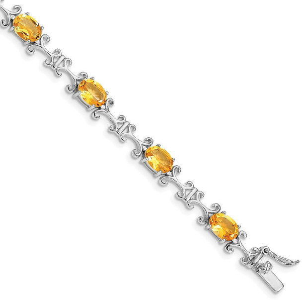 7" Sterling Silver Rhodium-plated Oval Citrine with Fancy Swirls Bracelet