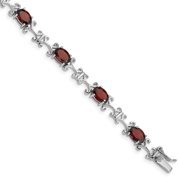 7" Sterling Silver Rhodium-plated Garnet Oval Bracelet