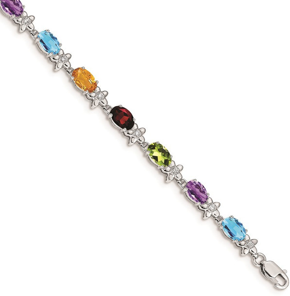 7" 14k White Gold Multicolor Rainbow Floral Gemstone and Diamond Bracelet