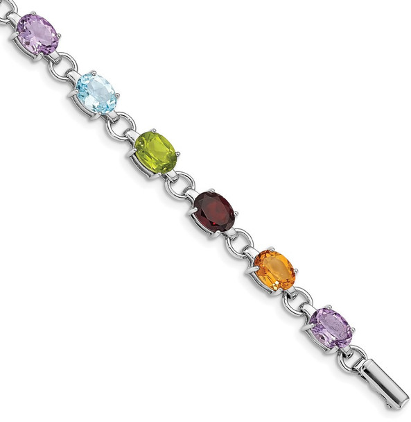 7.25" Sterling Silver Rhodium-plated Oval Multicolor Gemstone Bracelet