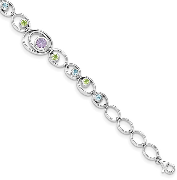 7.25" Sterling Silver Rhodium-plated Peridot, Blue Topaz & Amethyst Bracelet