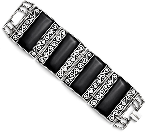 7.75" Stainless Steel Dyed Black Onyx Antiqued Bracelet