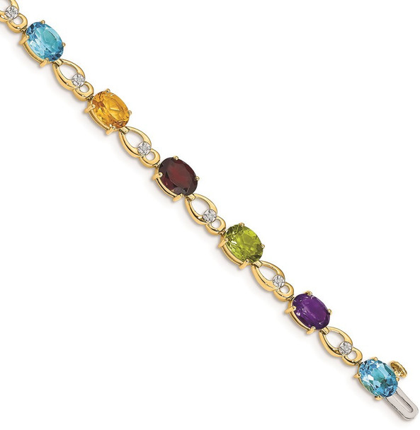 7" 14k Yellow Gold Multicolor Rainbow Gemstone and Diamond Bracelet