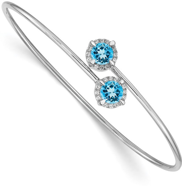 7" 14k White Gold Blue Topaz and Diamond Flexible Bangle Bracelet