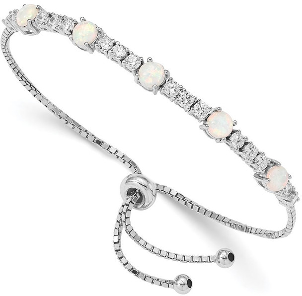 Rhodium-plated Sterling Silver Lab-Created Opal and CZ Adjustable Bracelet