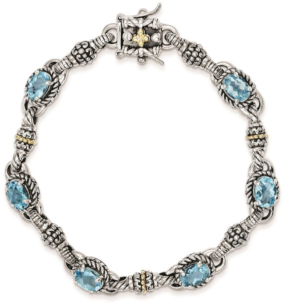 7.25" Sterling Silver & 14k Yellow Gold Swiss Blue Topaz Bracelet