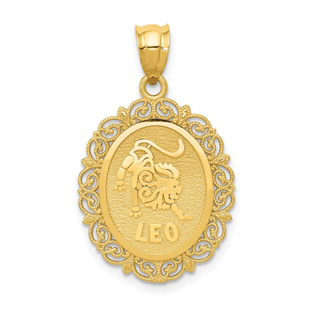 14k Yellow Gold Solid Satin Polished Leo Zodiac Oval Pendant