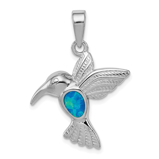Sterling Silver Rhodium Plated Lab-Created Opal Inlay Hummingbird Pendant