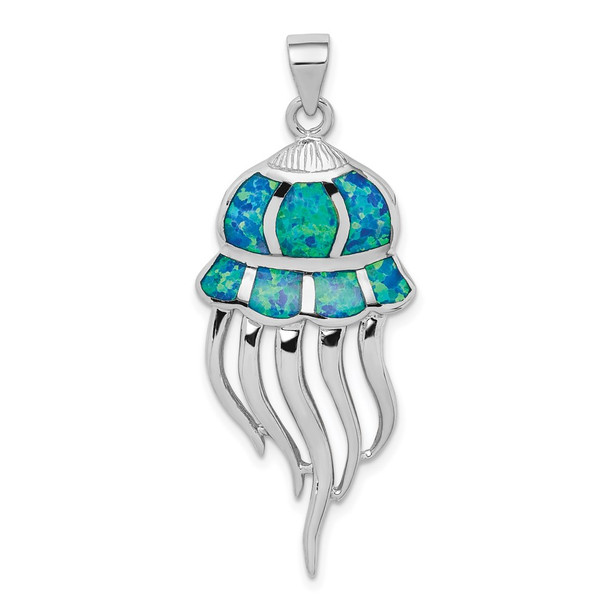 Sterling Silver Rhodium-Plated Lab-Created Blue Opal Jellyfish Pendant