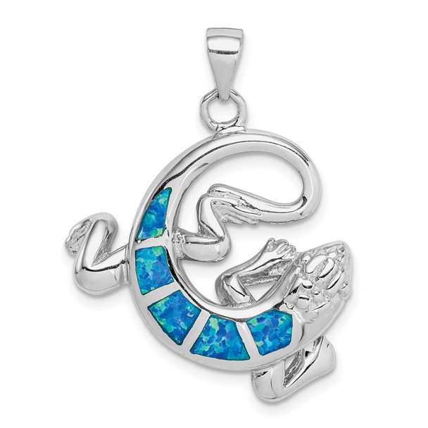 Sterling Silver Rhodium-Plated Lab-Created Blue Opal Gecko Pendant