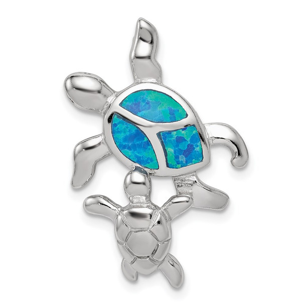 Sterling Silver Rhodium-Plated Blue Inlay Lab-Created Opal Turtle Pendant QC7682