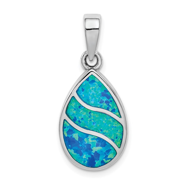 Sterling Silver Rhodium-Plated Lab-Created Opal Inlay Teardrop Pendant