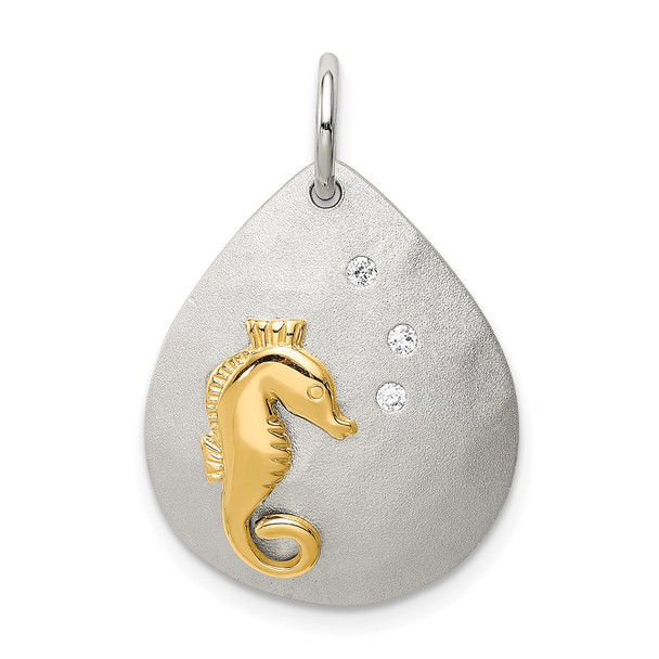 Sterling Silver Gold-Tone CZ Seahorse Brushed Charm