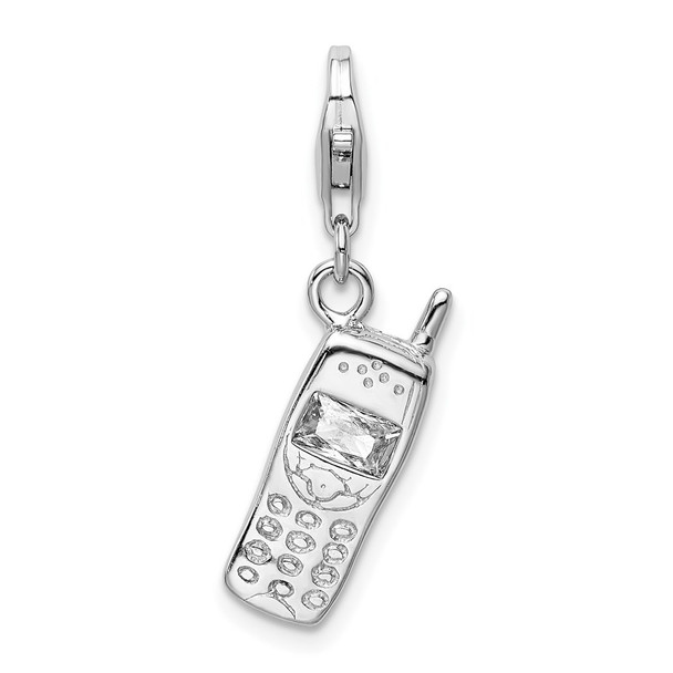 Rhodium-Plated Sterling Silver Polished Cell Phone w/CZ Lobster Clasp Charm